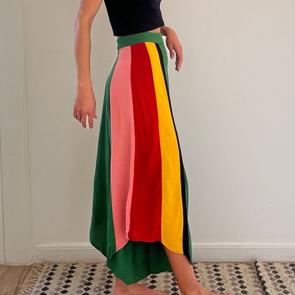 FARM Rio Pants - Farm Rio Boho Reggae Festival Striped Green Pink Asymmetrical Cropped Pants G/L